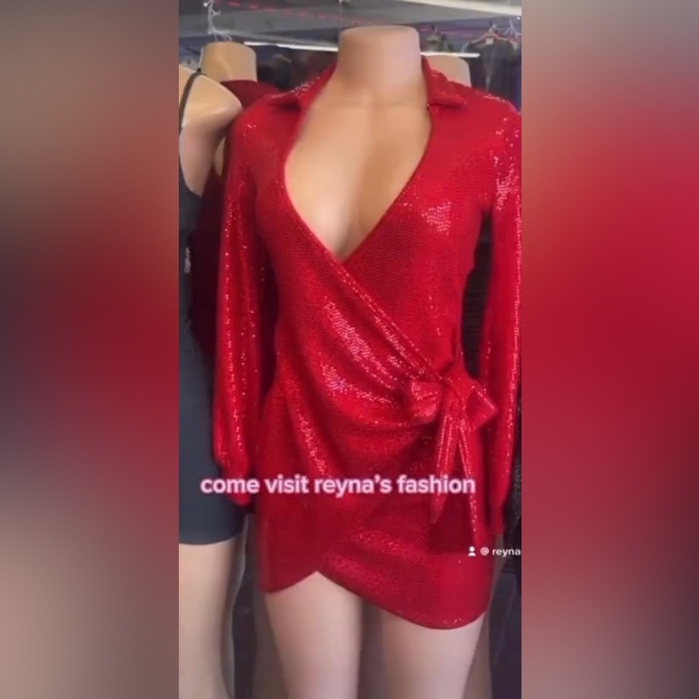 Red sparkly sexy side tie wrap dress